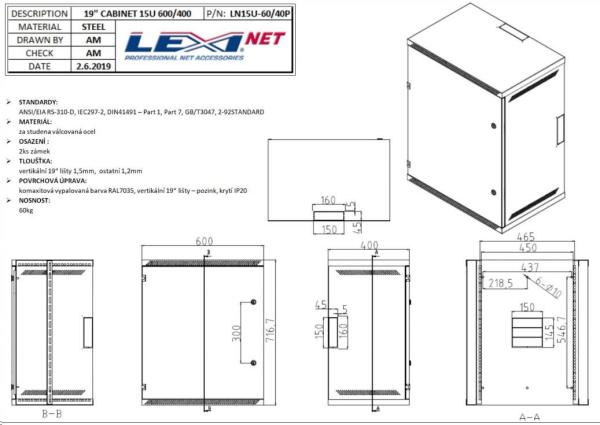 LEXI-Net 19" nástěnný rozvaděč 9U 600x400,  nosnost 60 kg,  plné dveře,  svařovaný,  šedý3