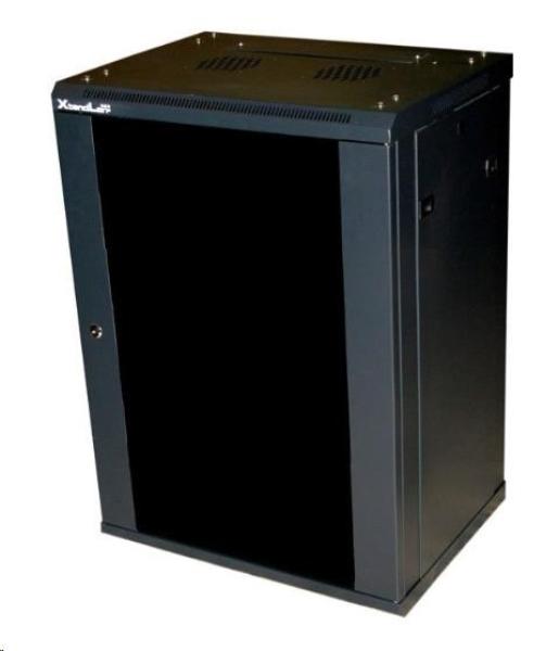 XtendLan 19" nástěnný rozvaděč 12U 600x450,  nosnost 60 kg,  skleněné kouřové dveře,  rozložený,  černý