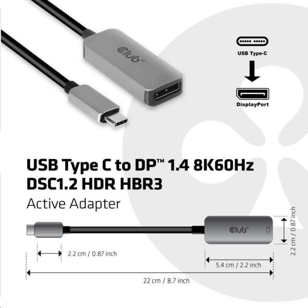 Club3D Aktívny adaptér USB-C na DisplayPort 1.4,  8K60Hz DSC1.2 HDR HBR32