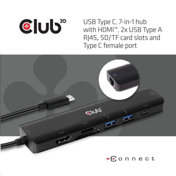 Club3D hub USB-C 3.2 Gen1 7in1 Hub HDMI 4K60Hz,  2x SD card,  2x USB-A,  USB-C PD - nabíjení 100W,  RJ452