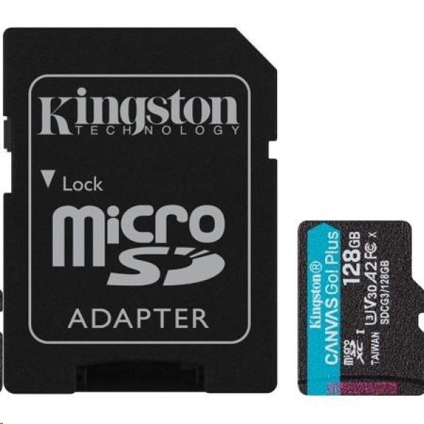 Kingston MicroSDXC karta 128GB Canvas Go! Plus,  R:170/ W:90MB/ s,  Class 10,  UHS-I,  U3,  V30,  A2 + Adaptér