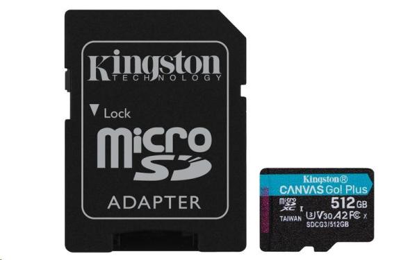 Kingston MicroSDXC karta 512GB Canvas Go! Plus,  R:170/ W:90MB/ s,  Class 10,  UHS-I,  U3,  V30,  A2 + Adaptér