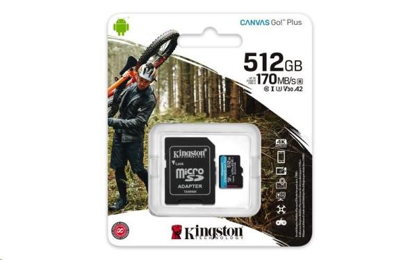 Kingston MicroSDXC karta 512GB Canvas Go! Plus, R:170/W:90MB/s, Class 10, UHS-I, U3, V30, A2 + Adaptér2