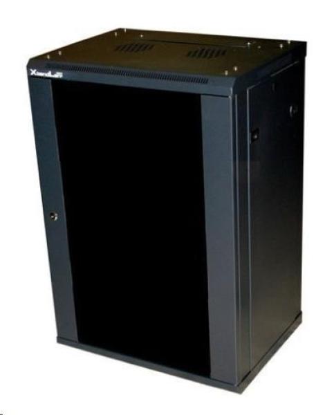 XtendLan 19" nástěnný rozvaděč 15U 600x450, nosnost 60 kg, skleněné kouřové dveře, rozložený, černý