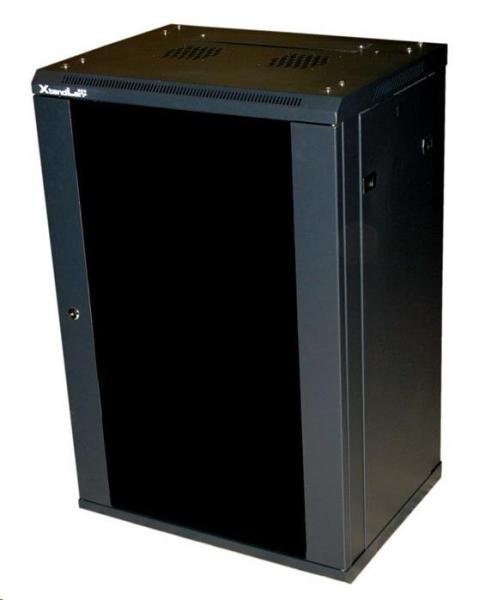 XtendLan 19" nástěnný rozvaděč 18U 600x600,  nosnost 60 kg,  skleněné kouřové dveře,  rozložený,  černý