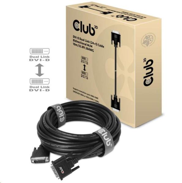 Club3D DVI-D Dual Link kábel (24+1),  10 m,  obojsmerný,  28 AWG