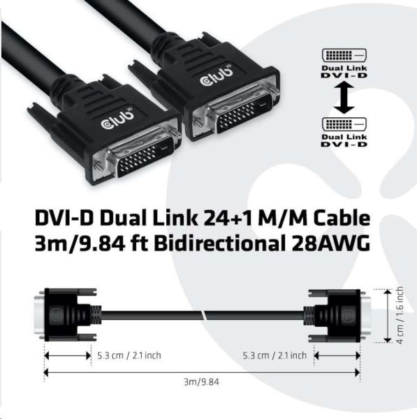 Club3D DVI-D Dual Link kábel (24+1),  3 m,  obojsmerný,  28 AWG6