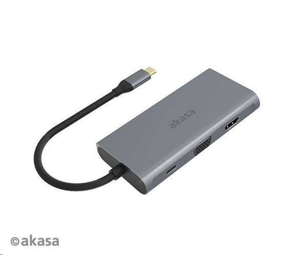 AKASA USB Type-C adaptér 9 v 1 (PD Type-C,  HDMI,  VGA,  3 x USB 3.0 typ A,  RJ45,  čítačka kariet SD a Micro SD)