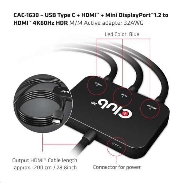 Club3D Active USB Type-C + Mini DP adaptér 1.2+ HDMI na HDMI 4K60Hz HDR,  M/ M,  32AWG0