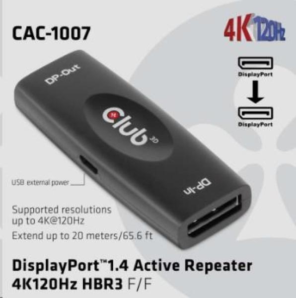 Club3D Adaptér aktivní DisplayPort 1.4 Repeater 4K120HZ HBR3 (F/ F),  černá1