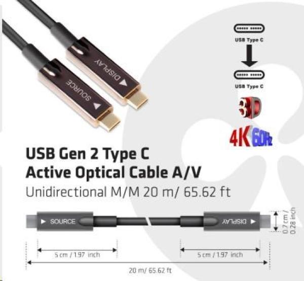 Kábel USB Club3D 3.2 Typ C Gen2, aktívny, (M/M), 20 m, optický, aktívny, jednosmerný3