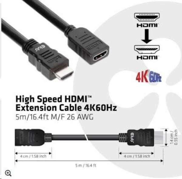 Club3D Kabel prodlužovací Rychlý HDMI 4K60HZ (M/ F),  5m,  černá,  26 AWG1