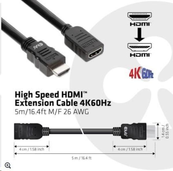 Club3D Kabel prodlužovací Rychlý HDMI 4K60HZ (M/ F),  5m,  černá,  26 AWG0