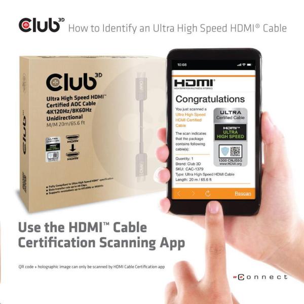 Club3D Kabel prodlužovací Ultra Rychlý HDMI™ Certifikovaný AOC kabel 8K60Hz (M/ M),  4K120Hz,  20m,  černá7