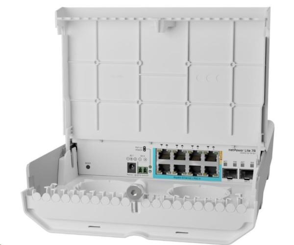 MikroTik CSS610-1Gi-7R-2S+OUT reverzný PoE switch, 8x Gigabit, 2x SFP+, 1x PoE out, 7x PoE in, 56Gbps