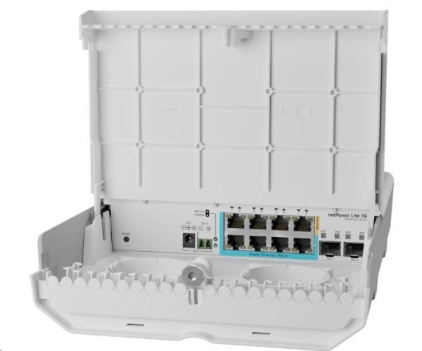 MikroTik CSS610-1Gi-7R-2S+OUT reverzný PoE switch,  8x Gigabit,  2x SFP+,  1x PoE out,  7x PoE in,  56Gbps