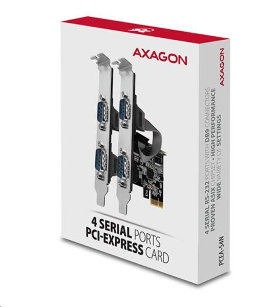 AXAGON PCEA-S4N,  PCIe radič - 4x sériový port (RS232) 250 kbps,  vrátane. LP4