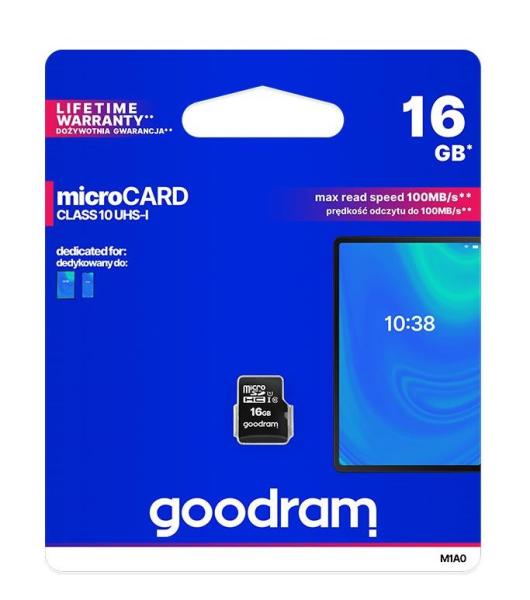 GOODRAM microSDHC karta 16GB M1A0 (R:100/ W:10 MB/ s),  UHS-I Class 10,  U1 BULK0