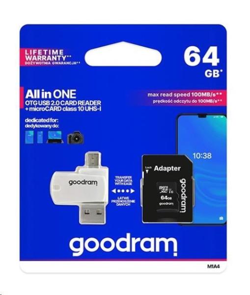 GOODRAM microSDXC karta 64GB M1A4 All-in-one (R:100/ W:10 MB/ s),  UHS-I Class 10,  U1 + Adapter + OTG card reader/ čtečka1