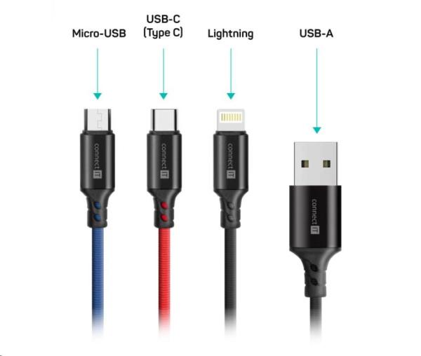 CONNECT IT Wirez 3v1 USB-C & Micro USB & Lightning, 1,2 m2