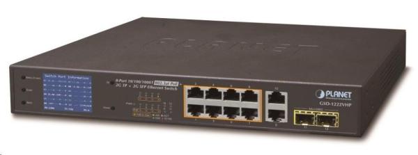 Planet GSD-1222VHP Switch,  8x PoE + 2x 1000Base-T + 2x SFP,  LCD, VLAN,  extend mód 10Mb do 250m,  IEEE 802.3at 120W