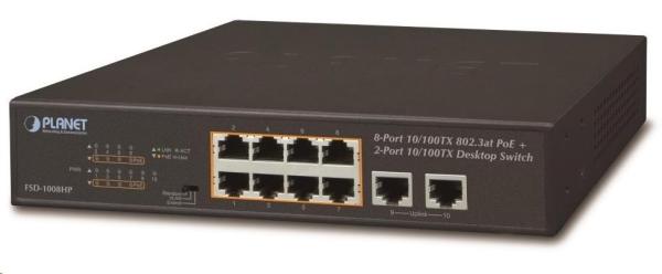 Planet FSD-1008HP Switch,  PoE 8x PoE 802.3at 120W+ 2x 100Base-TX, VLAN, extend mód 10Mb/ s do 250m,  fanless