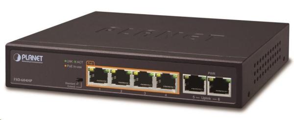 Planet FSD-604HP Switch, 4x PoE 802.3at 60W+ 2x 100Base-TX, VLAN, extend mód 10Mb/s do 250m, fanless, ESD