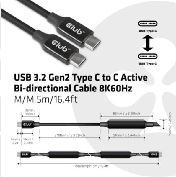 Kábel USB Club3D 3.2 Gen2 Type-C to C Active Bi-directional (M/ M) 8K60Hz,  5m0