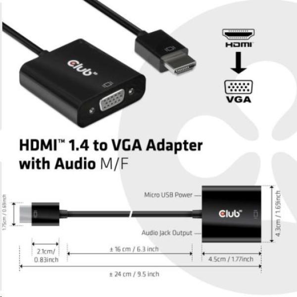 Adaptér HDMI Club3D 1.4 na VGA (M/ F),  aktívne so zvukom1