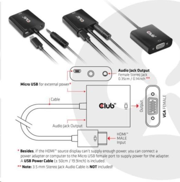 Adaptér HDMI Club3D 1.4 na VGA (M/ F),  aktívne so zvukom4