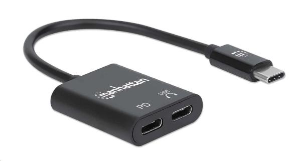 MANHATTAN USB 2.1 zvukový adaptér,  USB Type-C na C/ F (audio) a C/ F (PD) čierny,  maloobchodná krabica2
