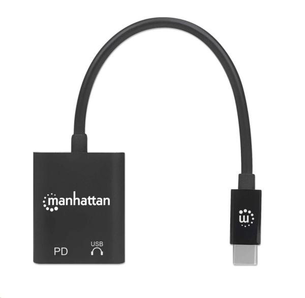 MANHATTAN USB 2.1 zvukový adaptér,  USB Type-C na C/ F (audio) a C/ F (PD) čierny,  maloobchodná krabica3