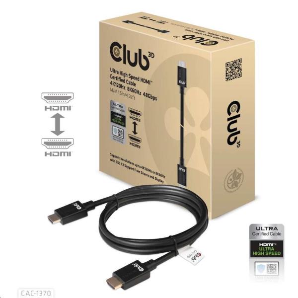Club3D Adaptér HDMI 2.1 Ultra Rychlý HDMI™ Certifikovaný 4K120Hz,  8K60Hz,  48Gbps (M/ M 1.5 m/ 4.92 ft),  28 AWG