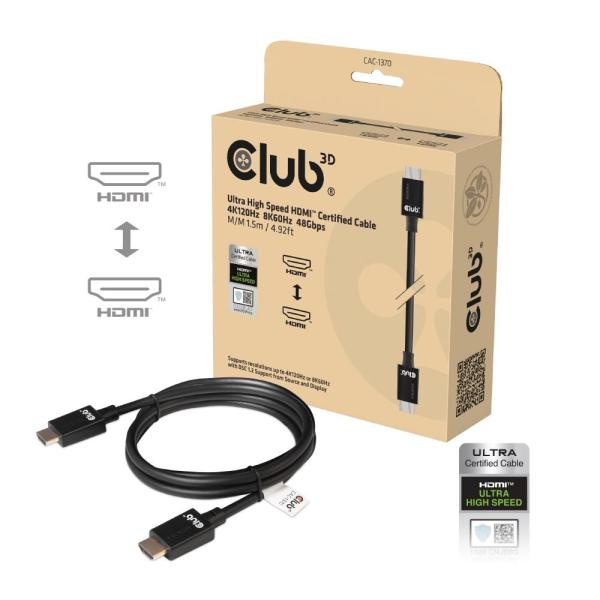 Club3D Adaptér HDMI 2.1 Ultra Rychlý HDMI™ Certifikovaný 4K120Hz,  8K60Hz,  48Gbps (M/ M 1.5 m/ 4.92 ft),  28 AWG