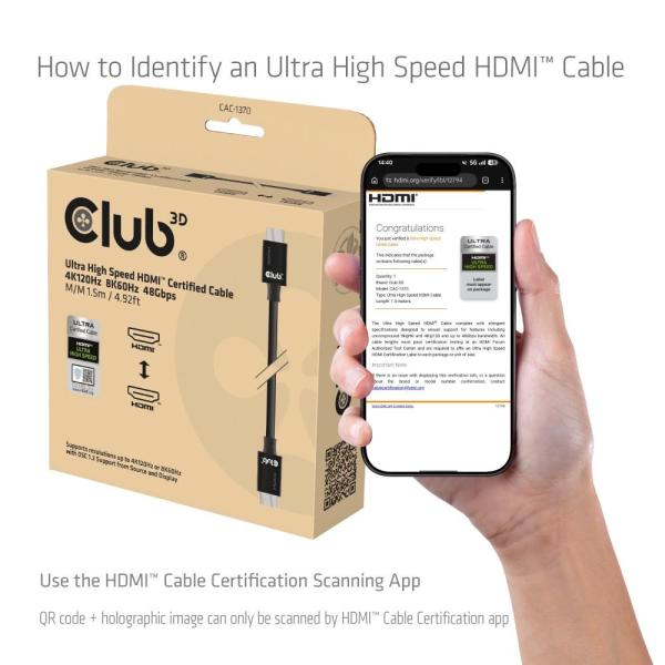 Club3D Adaptér HDMI 2.1 Ultra Rychlý HDMI™ Certifikovaný 4K120Hz,  8K60Hz,  48Gbps (M/ M 1.5 m/ 4.92 ft),  28 AWG5