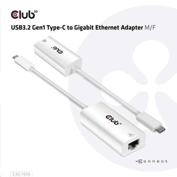 Aktívny USB adaptér Club3D 3.2 Typ C na LAN (Gigabit Ethernet - 1Gb),  20 cm1