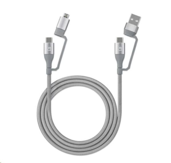MANHATTAN kábel 4 v 1,  nabíjací a synchronizačný kábel USB,  480 Mb/ s,  3A/ 60W,  1 m,  opletený dizajn,  sivý