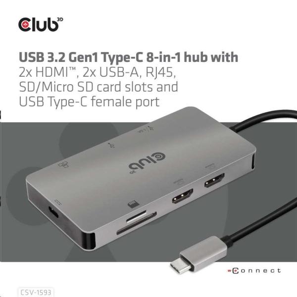 Dokovacia stanica Club3D 8v1 USB 3.2 porty typu C (2xHDMI,  2xUSB-A,  RJ45,  SD/  Micro SD USB Type-C female),  Triple Dynam0
