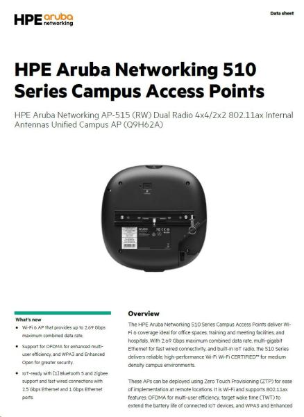 HPE Aruba Networking AP-515 (RW) Dual Radio 4x4/ 2x2 802.11ax Internal Antennas Unified Campus AP RENEW Q9H62A0