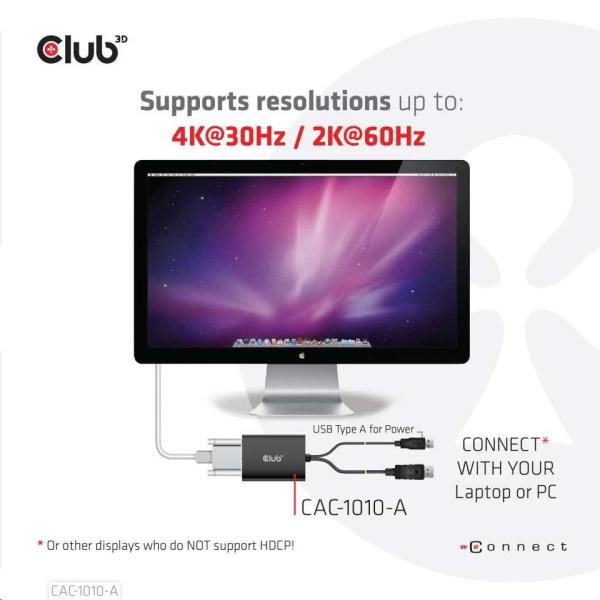Club3D Adaptér aktivní DisplayPort na Dual Link DVI-D,  USB napájení,  60cm,  HDCP off,  pro Apple Cinema displeje3