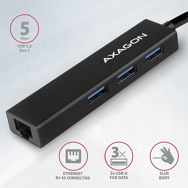 AXAGON HMA-GL3A,  USB 3.rozbočovač 2. generácie,  porty 3x USB-A + Gigabit Ethernet,  kov,  kábel USB-A 20 cm1