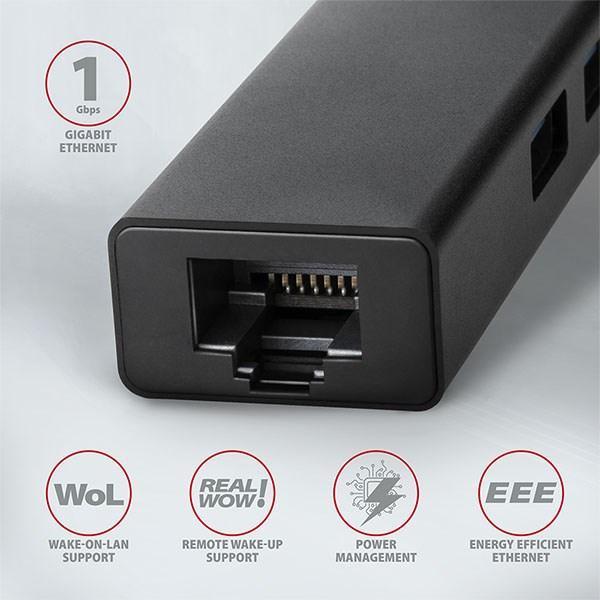 AXAGON HMA-GL3A,  USB 3.rozbočovač 2. generácie,  porty 3x USB-A + Gigabit Ethernet,  kov,  kábel USB-A 20 cm2
