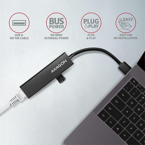 AXAGON HMA-GL3A,  USB 3.rozbočovač 2. generácie,  porty 3x USB-A + Gigabit Ethernet,  kov,  kábel USB-A 20 cm3
