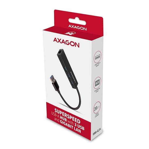 AXAGON HMA-GL3A,  USB 3.rozbočovač 2. generácie,  porty 3x USB-A + Gigabit Ethernet,  kov,  kábel USB-A 20 cm6