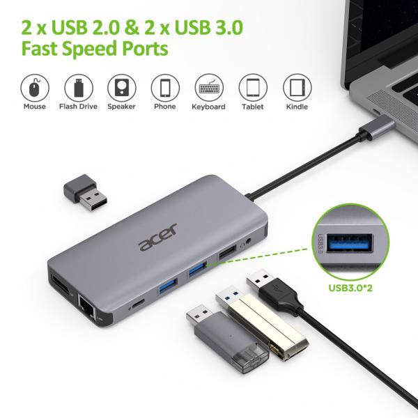 Kľúč ACER 12v1 typu C: 2 x USB3.2,  2 x USB2.0,  1x SD/ TF,  2 x HDMI,  1 x PD,  1 x DP,  1 x RJ45,  1 x 3.5 Audio3