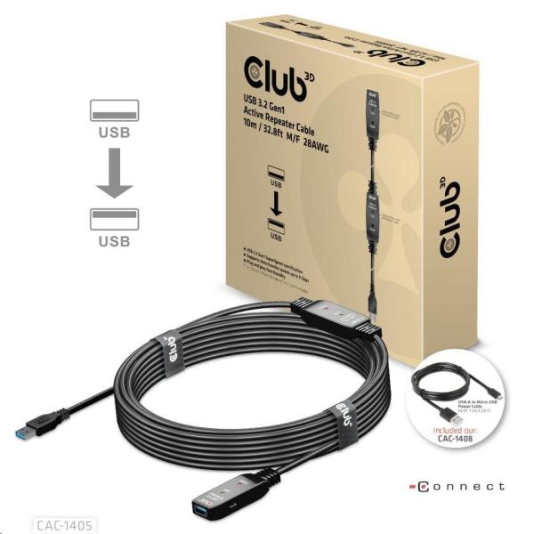 Kábel USB Club3D 3.2 Kábel aktívneho opakovača Gen1 M/ F 28AWG,  10 m