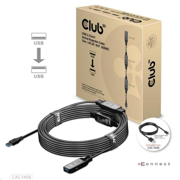 Kábel USB Club3D 3.2 Kábel aktívneho opakovača Gen1 M/ F 28AWG,  15 m