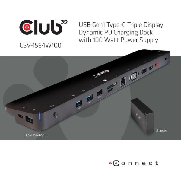 Dokovacia stanica Club3D USB-C 3.2 s napájacím adaptérom Triple Display Dynamic PD,  100 W1
