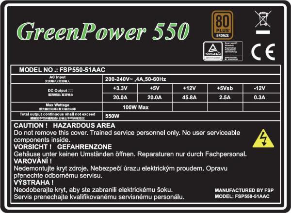 Napájací zdroj Fortron 550W GreenPower 550-51AAC, 80+ Bronze3