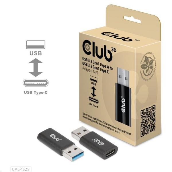 Adaptér Club3D USB 3.2 Gen1 typu A na USB 3.2 Gen1 typ C (M/ F),  čierna